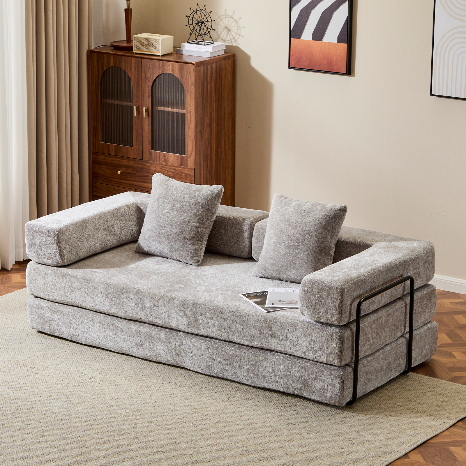 Sofá de Suelo, Sofá con Compresión, Sofá Cama Convertible de Suelo - con Soporte de Espalda en Almohada y Reposabrazos, Sofá Futón Cómodo para Reposar Cama para Dormir, Tejido de Chenille, para Sala de Estar y Dormitorio GRIS CLARO