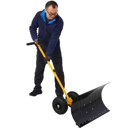 Snow Shovel With Wheels, Snow Pusher, Cushioned Adjustable Angle Handle Snow Removal Tool, 29" Blade, 10" Wheels,yellow Color