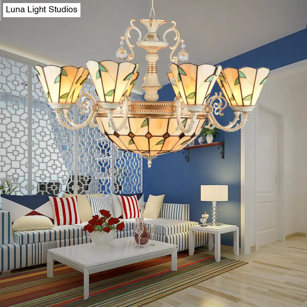 Lámpara colgante de interior con vidrieras del 11S: pantalla cónica y de cúpula, estilo rústico beige.