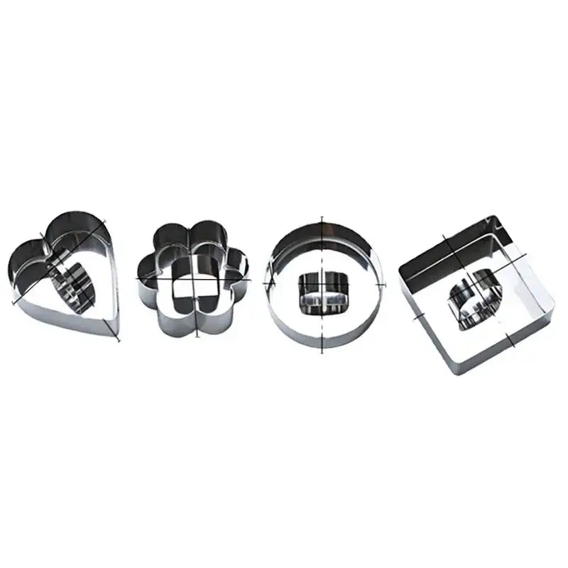 Set of four shiny stainless steel bakeware mold cookie cutters in heart flower circle and square shapes