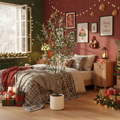 5ft Artificial Christmas Tree With White Planter Natural Fake Tree Indoor Holiday Decor Easy Care Artificial Fir For Home Festive Display Gift For Christmas No Maintenance Tree FBA Shipment