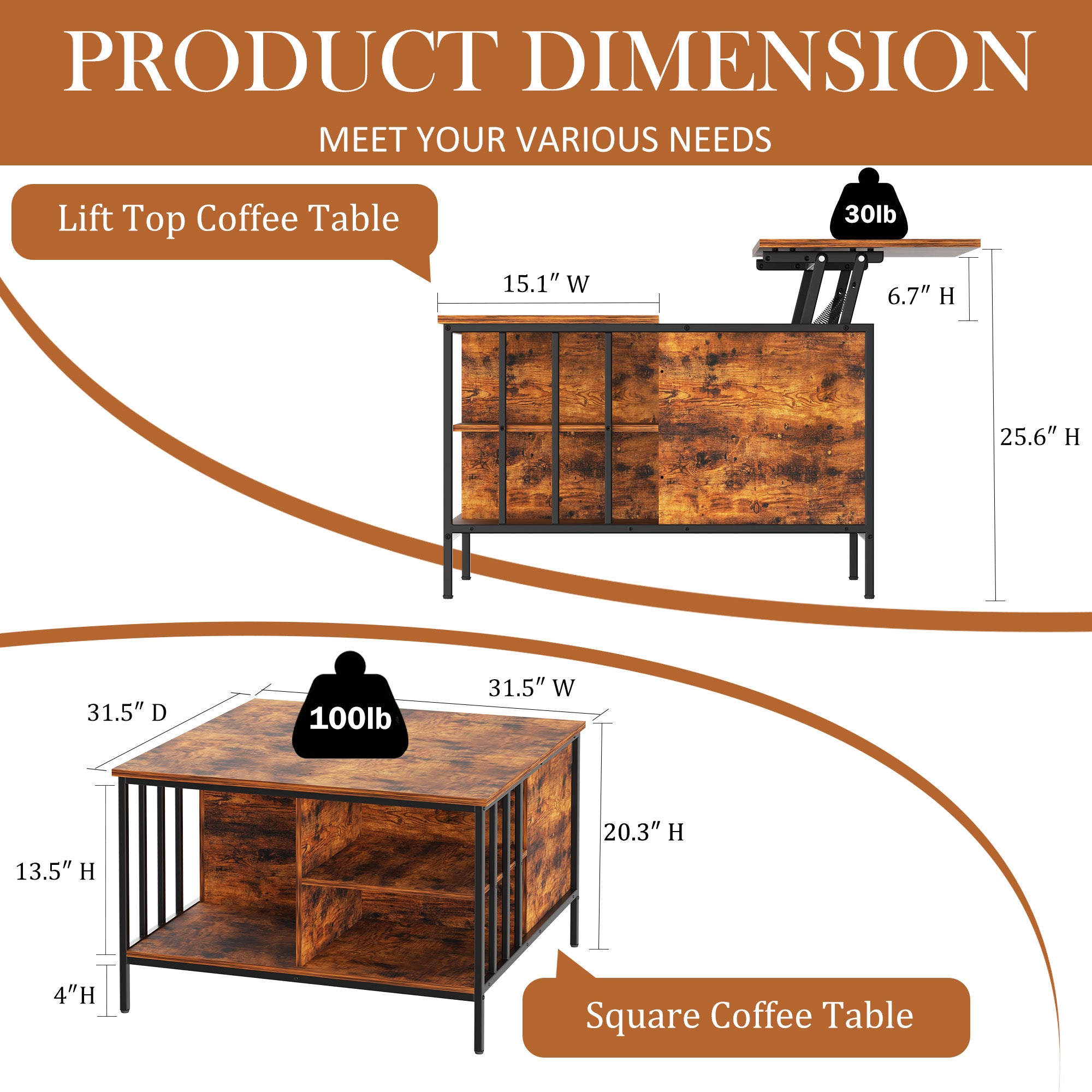 Mesa de Centro Elevable de Estilo Granja con Almacenamiento, Altura Ajustable para Sala de Estar, Centro Multifuncional para la Familia con Compartimento Oculto y 3 Estantes, Capacidad de 110 libras, Fácil de Limpiar