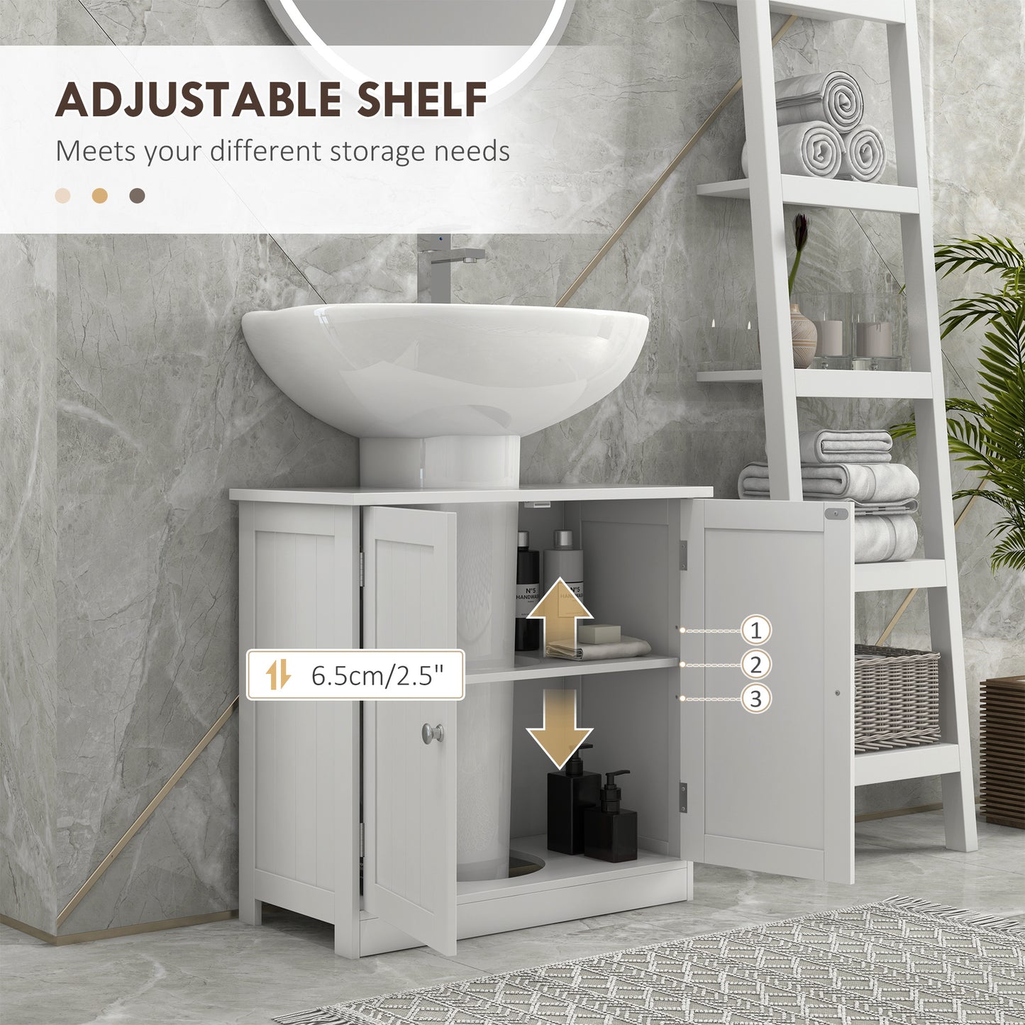 Under Sink Bathroom Cabinet, Pedestal Sink Storage Cabinet with 2 Doors, Shelf and U-Shape, White