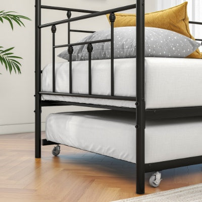 Estructura de Metal para Daybed de Tamaño Twin con Conjunto de Trundle, Sofá Cama de Día Twin, Daybed y Sofá Cama con Ruedas para Habitación de Invitados, Dormitorio, Sala de Estar, Estilo Victoriano, Negro
