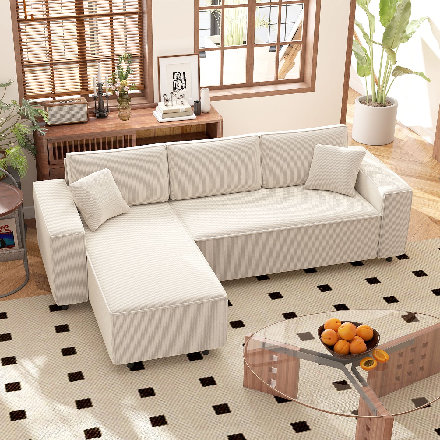 Corner Sofa With Reversible Chaise Lounge, Corduroy L-Shaped Sectional Sofa With Pocket Spring, Cream White