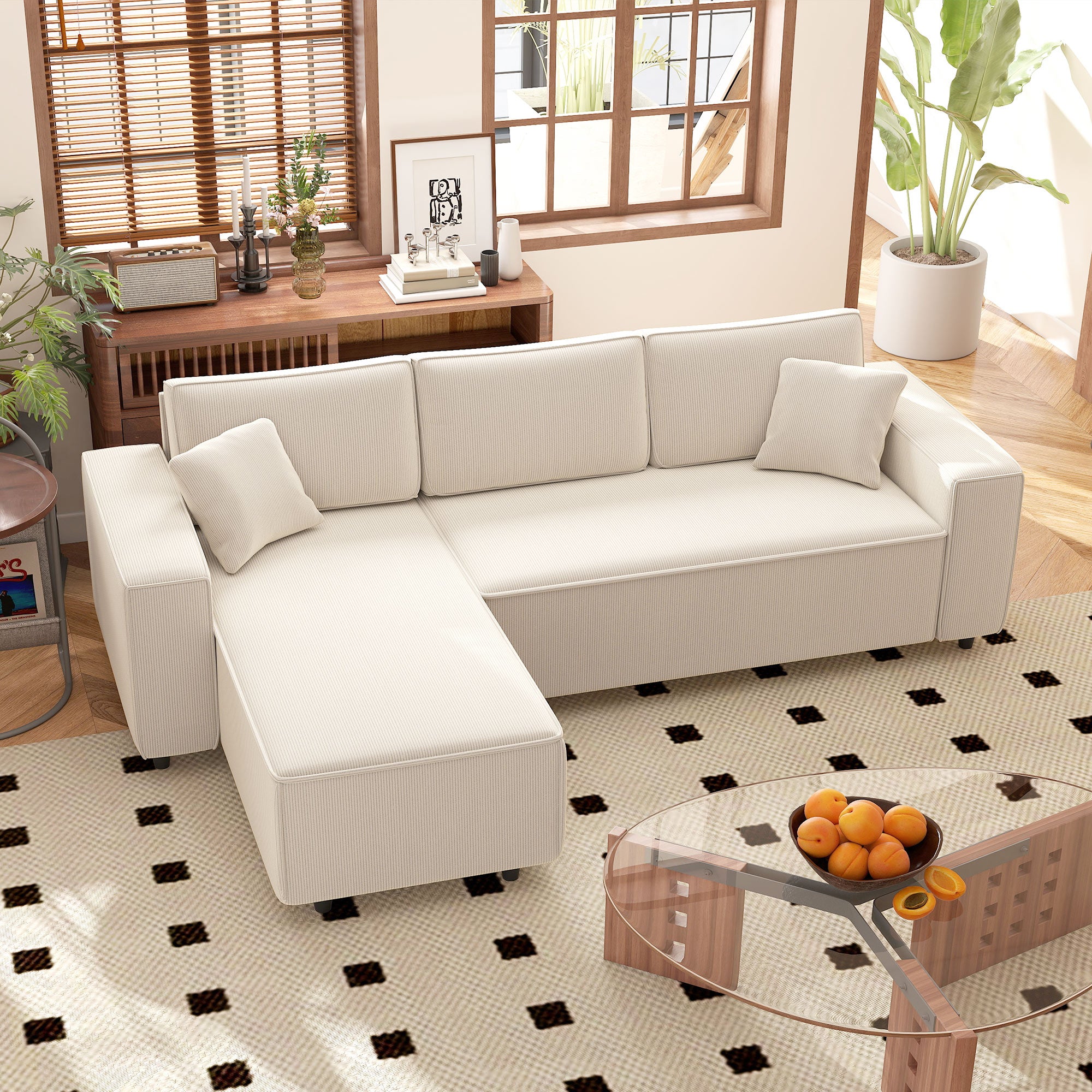 Ecksofa mit umkehrbarem Chaise-Lounge, Cord-Sofa in L-Form mit Taschenfederkern, Cremeweiß