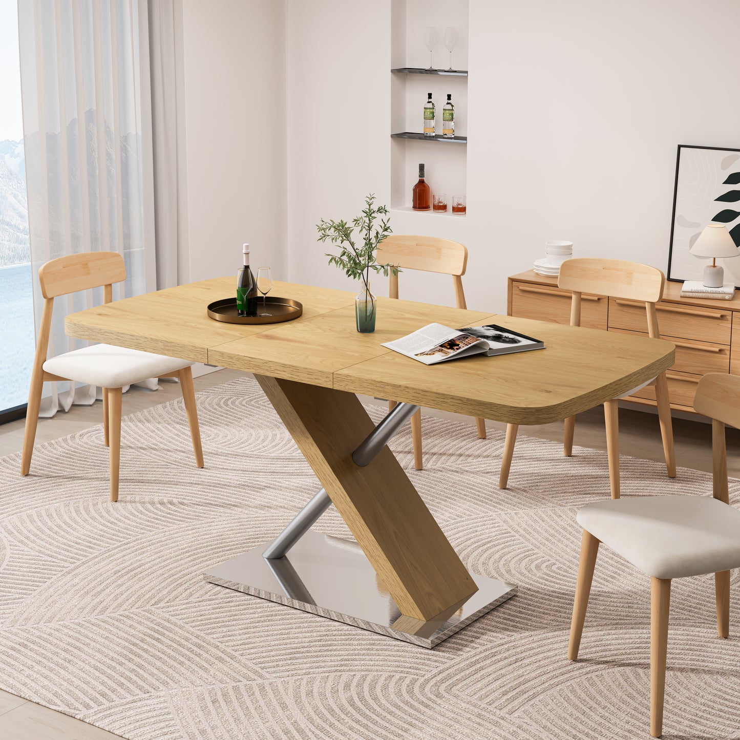 47.25 -63 Dining Table, Original Wood Color, Seating 4-6 People, Retractable Table, Cross Metal Base And Stainless Steel Tubing Natural