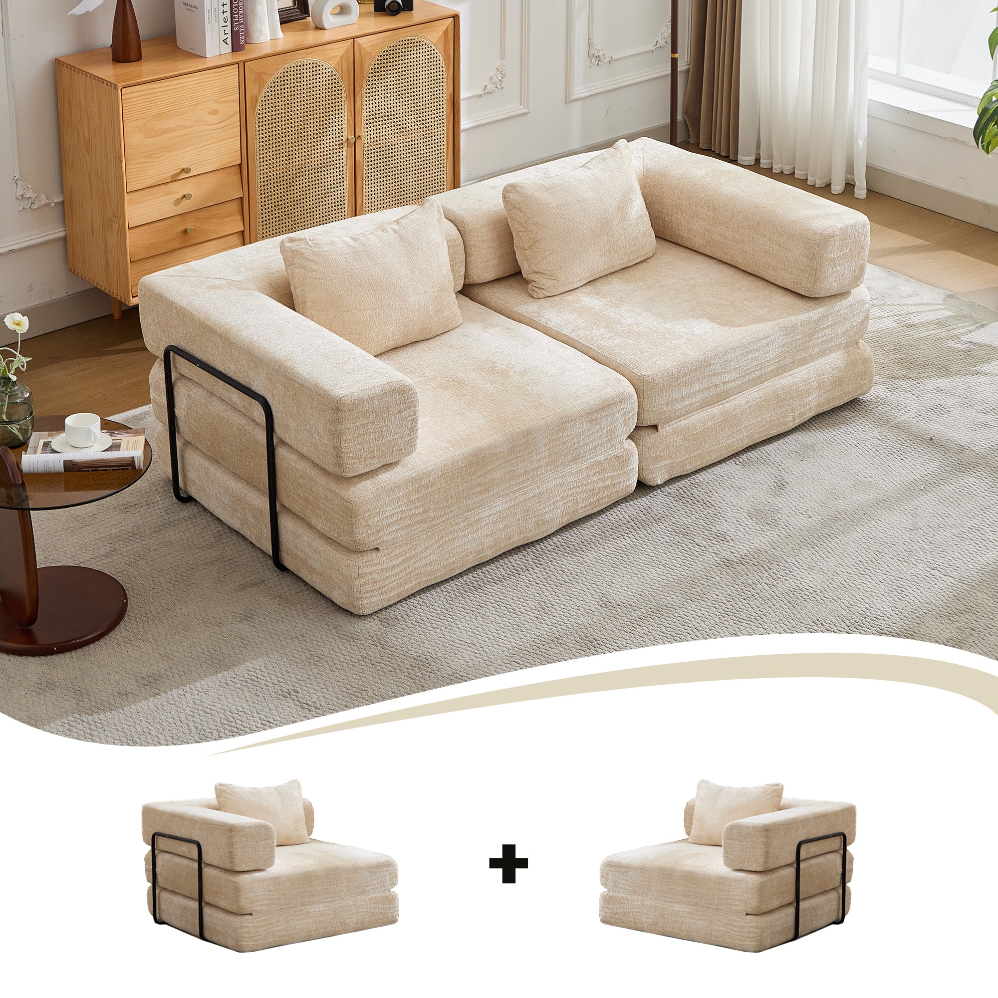 Sofá de Compresión, Sofá Cama Convertible para el Suelo con Marco de Forma Fija, Sofá Seccional Modular sin Huesos para Dos Personas, Sin Ensamblaje Requerido, Tela de Chenille, para Sala de Estar y Dormitorio, Beige