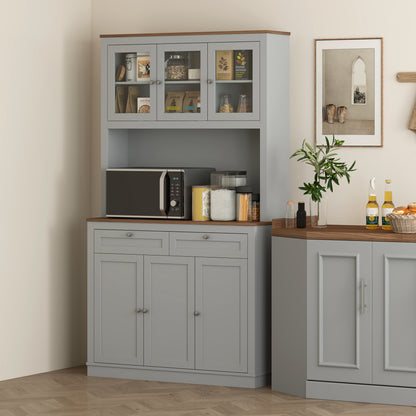 71 Kitchen Pantry Cabinet With Microwave Stand, Kitchen Hutch With 2 Drawers And Adjustable Shelves, Gray