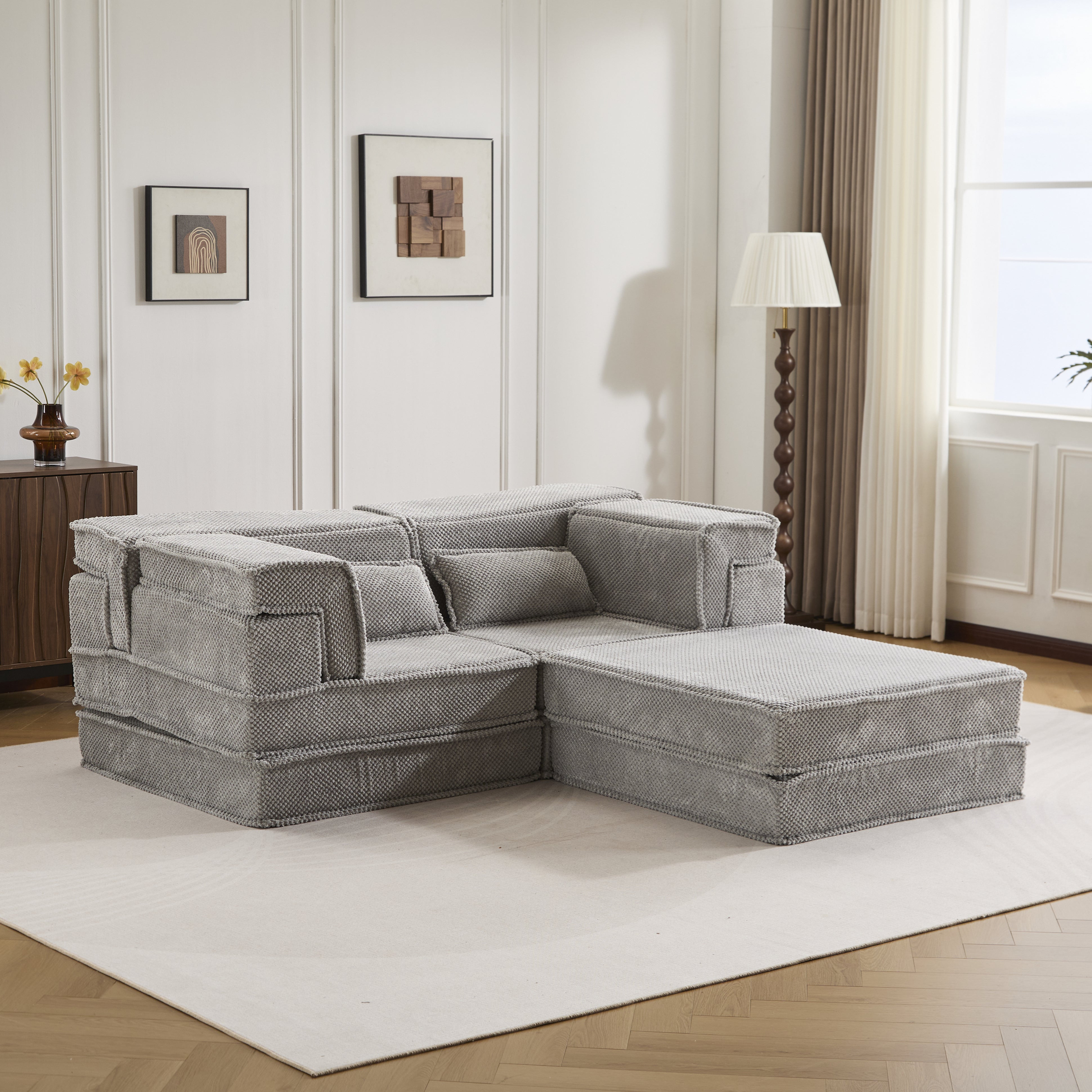 Sofá Mahjong de Compresión, Sofá Cama Convertible para el Suelo, Sofá Seccional Modular sin Huesos DIY, Sin Ensamblaje Requerido, Tejido de Felpa Circular, Dos Plazas Sobredimensionado con 1 Otomana, Gris Claro