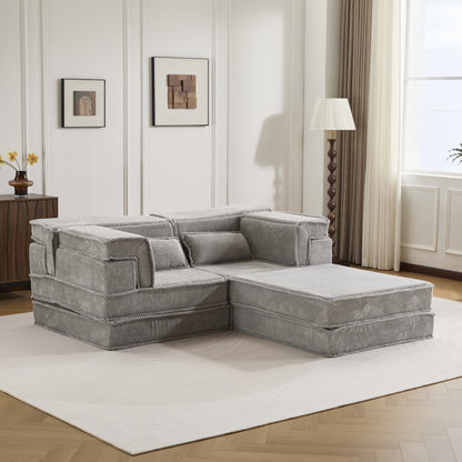 Compression Mahjong Sofa,Convertible Floor Sofa Bed,DIY Boneless Modular Sectional Sofa,No Assembly Required,Circle Fleece Fabric,Oversized 2 Seater With 1 Ottoman,Light-grey