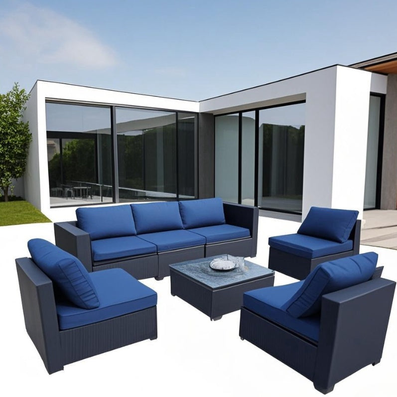 Blue Cushioned Rattan Sofa Set