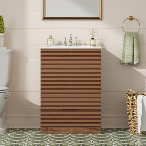 Ein moderner Badezimmer-Wandspiegel mit einem Keramikbecken, ein unter dem Wandspiegel montiertes Waschbeckenschrank mit 2 Türen und 1 Schublade