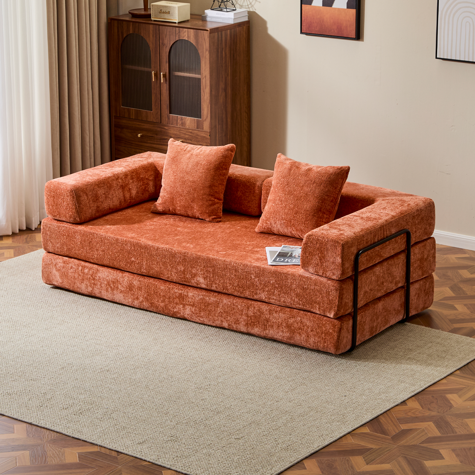 Sofá de Suelo, Sofá de Compresión, Sofá Cama Convertible de Suelo - con Soporte para la Espalda de Almohada y Reposabrazos, Sofá Futón Cómodo para Reposar Cama para Dormir, Tejido de Chenilla, para Sala de Estar y Dormitorio Naranja