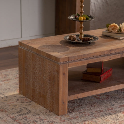 Mesa de Centro Rectangular de Madera Maciza para Sala de Estar, Mesa de Centro Rústica Grande de 2 Niveles con Estante de Almacenamiento, para Oficina y Apartamento, Ensamblaje Fácil