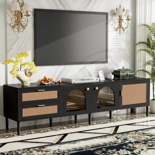 Rattan-Fernsehtisch mit 3 Schränken & 2 Schubladen, Rattan-inspirierte Medienkonsole für Fernseher bis zu 80 Zoll, LED-Licht-Unterhaltungszentrum, TV-Schrank für Wohnzimmer, Schlafzimmer, Heimkino