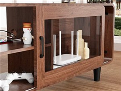 Mid Century Modern TV Stand For 55,60,65,70 Inch TV, Wood Entertainment Center With Power Outlets, Media Console With Sliding Doors And Open Shelf For Living Room, Walnut