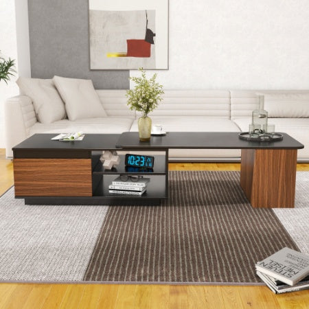 Mesa de Centro Extensible, Mesa de Centro de Madera con Longitud Ajustable y 2 Cajones de Almacenamiento para la Sala de Estar, Mesa Central Rectangular Grande y Larga