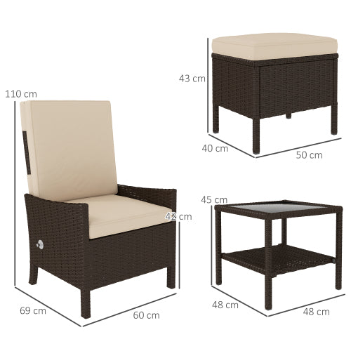 Outsunny 5-teiliges Rattan-Gartenmöbel-Set, Flechtpatio-Sofaset mit 2 Sesseln, 2 Fußschemeln, Couchtisch mit Glasplatte und Regal, Außenmöbel mit verstellbaren Rückenlehnen, Kissen, Khaki