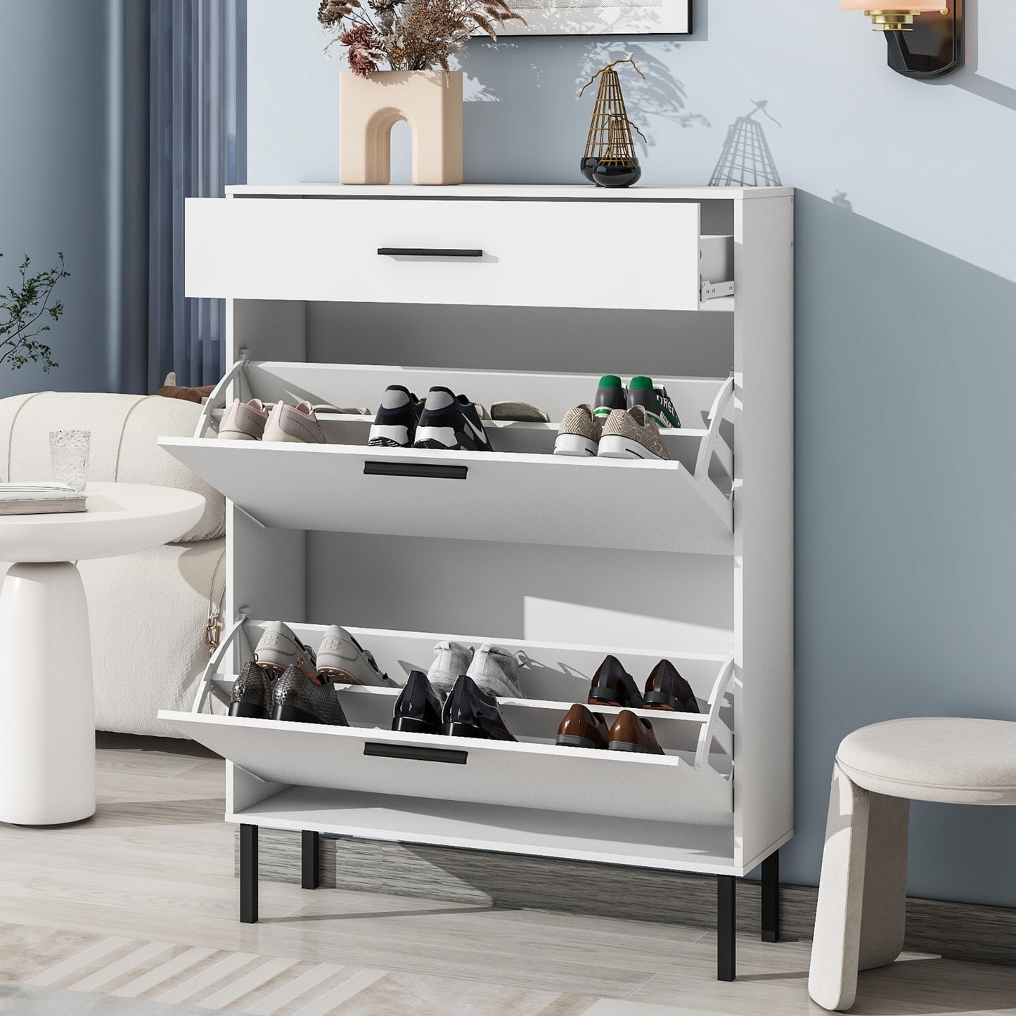 Modern Shoe Cabinet With Drawers & Metal Legs, Freestanding Storage Organizer