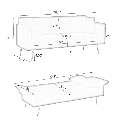 70.1 Pulgadas Futón Sofá Cama, Sofá Cama Doble Convertible con Reposabrazos Plegables para Salas de Estar y Espacios Pequeños