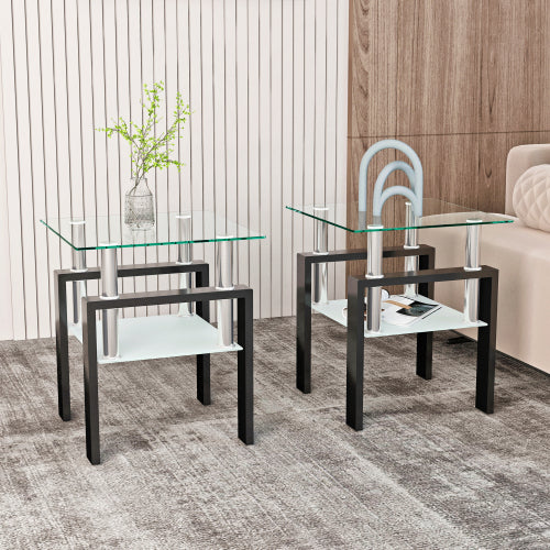 Juego de 2, Mesa de Té de Vidrio Templado Moderna, Mesa de Café, Mesa Auxiliar, Mesa Cuadrada para Sala de Estar, Transparente Negra