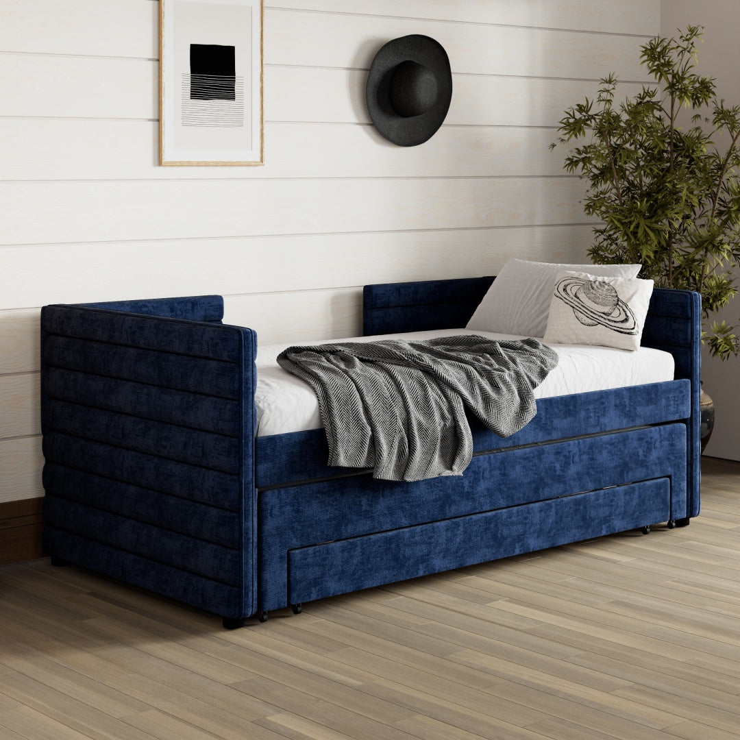 Cama de Día Tapizada de Tamaño Individual con Trundle y 3 Cajones de Almacenamiento, Sofá Cama de Tela Chenille para Habitación de Invitados, Sala de Estar, Marco de Cama de Día Moderno Ahorra Espacio, No Se Requiere Resorte de Caja