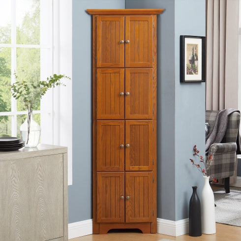 Gabinete de Almacenamiento para Despensa de Cocina Esquinero de 72 Pulgadas con 4 Niveles y 8 Puertas, Gabinete Alto de Almacenamiento Esquinero con Estanterías Ajustables, Estantería para Hogar de Estilo Granja para Baño, Sala de Estar, Cocina en Roble