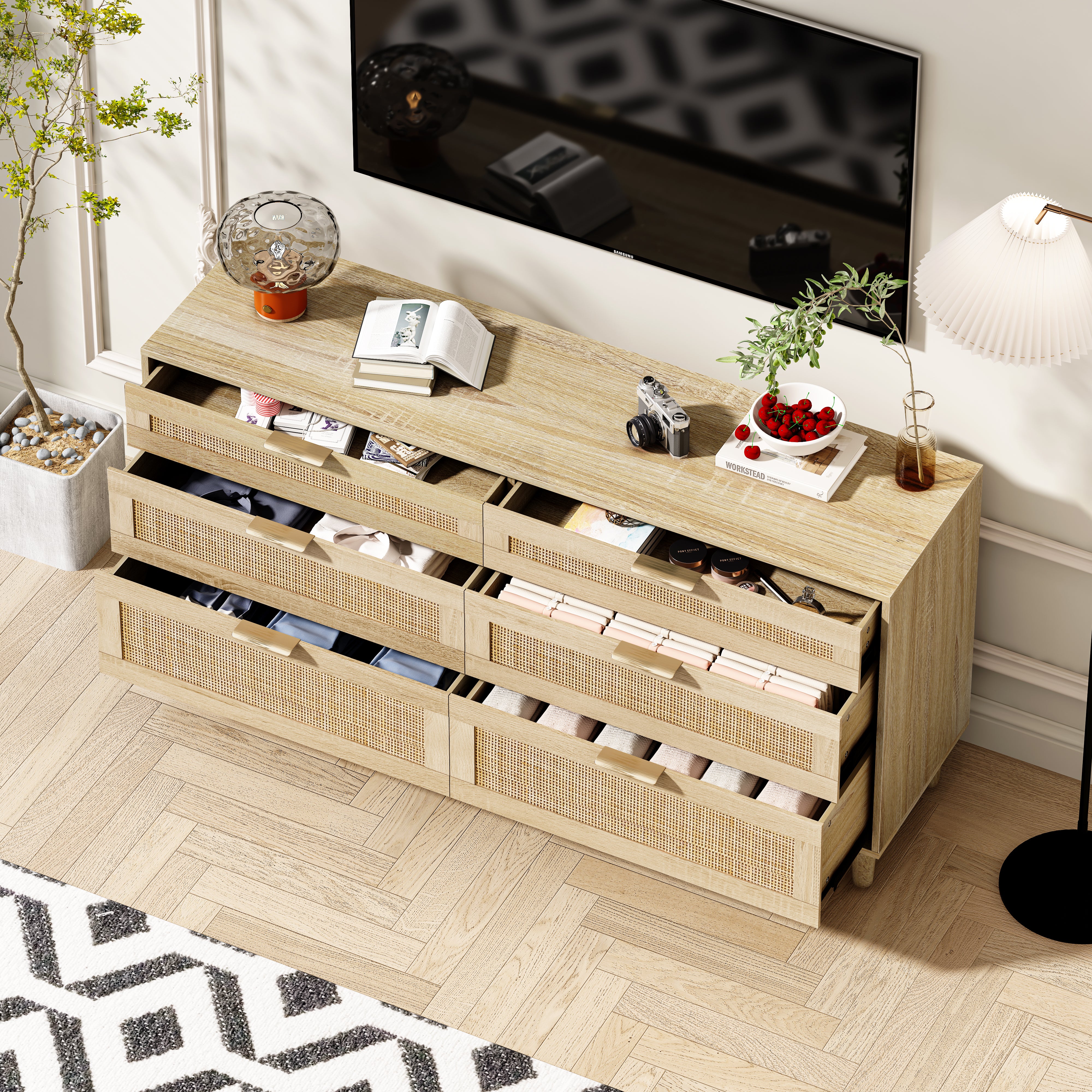 59 Rattan-Kommode mit Schubladen, 6-Schubladen-Kommode für das Schlafzimmer, Kleiderschrank für das Schlafzimmer, Metallgriff Holzbeine für Flur, Wohnzimmer, Schlafzimmer, natürlich