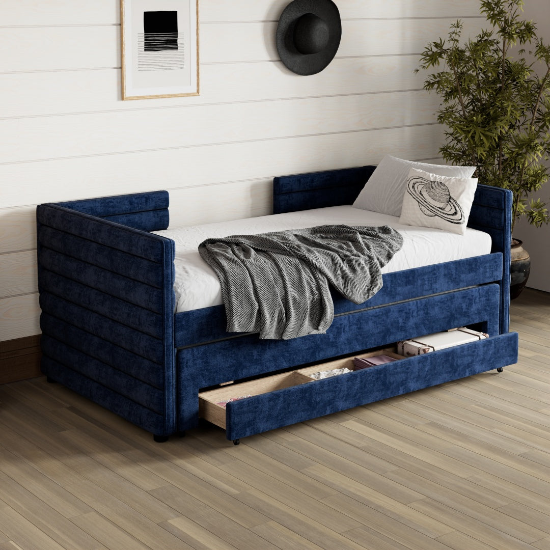 Cama de Día Tapizada de Tamaño Individual con Trundle y 3 Cajones de Almacenamiento, Sofá Cama de Tela Chenille para Habitación de Invitados, Sala de Estar, Marco de Cama de Día Moderno Ahorra Espacio, No Se Requiere Resorte de Caja
