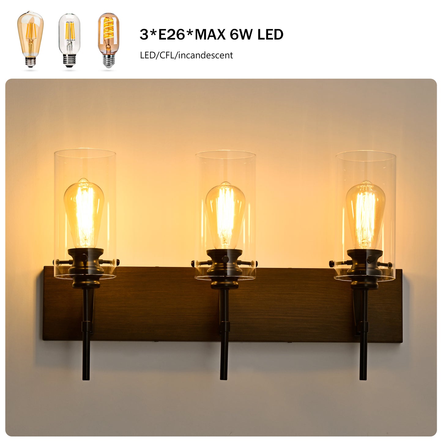 Luminarias de baño de 3 luces en color negro mate y madera, luces modernas para tocador con pantalla de vidrio, luminaria vintage para baño sobre el espejo, luces de pared para cocina, comedor, dormitorio y pasillo