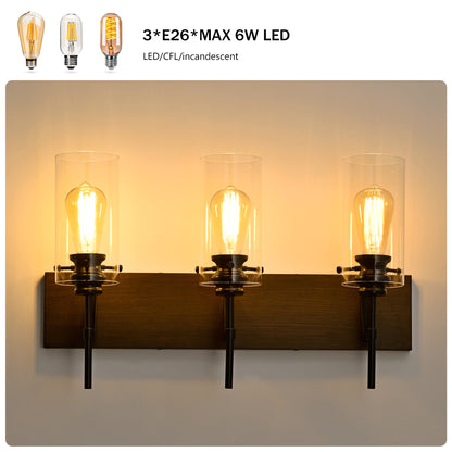 Luminarias de baño de 3 luces en color negro mate y madera, luces modernas para tocador con pantalla de vidrio, luminaria vintage para baño sobre el espejo, luces de pared para cocina, comedor, dormitorio y pasillo