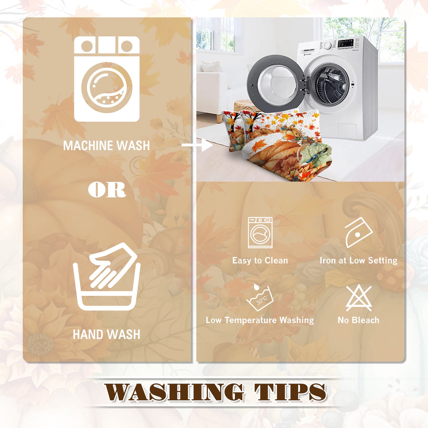 Autumn Theme 3 Pcs Quilt Set - Pumpkin Print Bedspread Coverlet