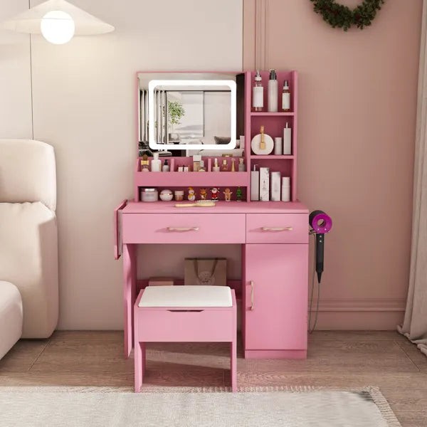 Vanity Desk With LED Mirror Lights And Power Outlet Charging Station, Makeup Dressing Table With 3 Drawers, 7 Shelves And Storage Stool, For Girls And Women (Pink)