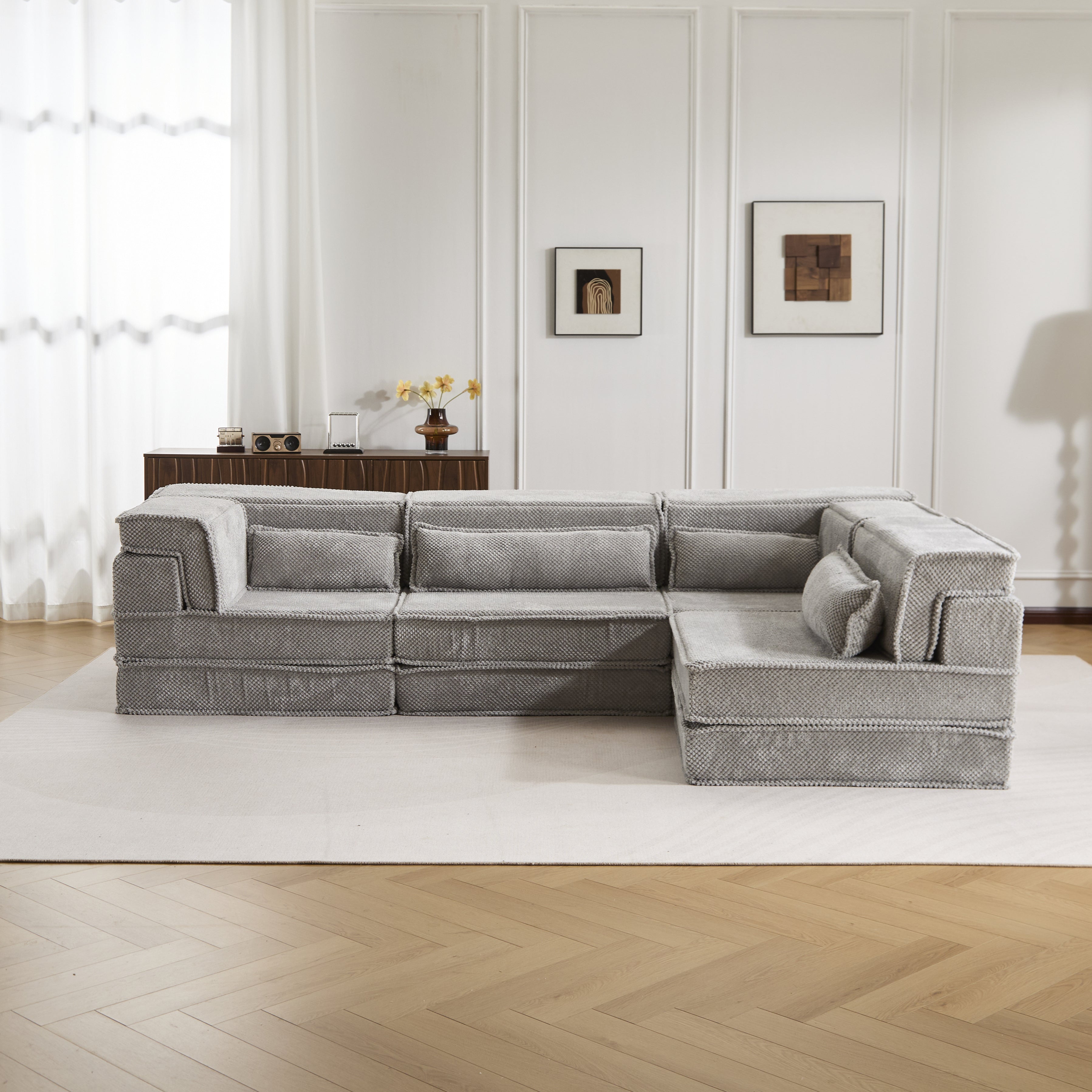 Sofá Mahjong de Compresión, Sofá Cama Convertible para el Suelo, Sofá Seccional Modular sin Huesos DIY, Sin Ensamblaje Requerido, Tejido de Lana de Circon Polar, Para 4 Personas de Tamaño Excesivo con 4 Almohadas, Gris Claro