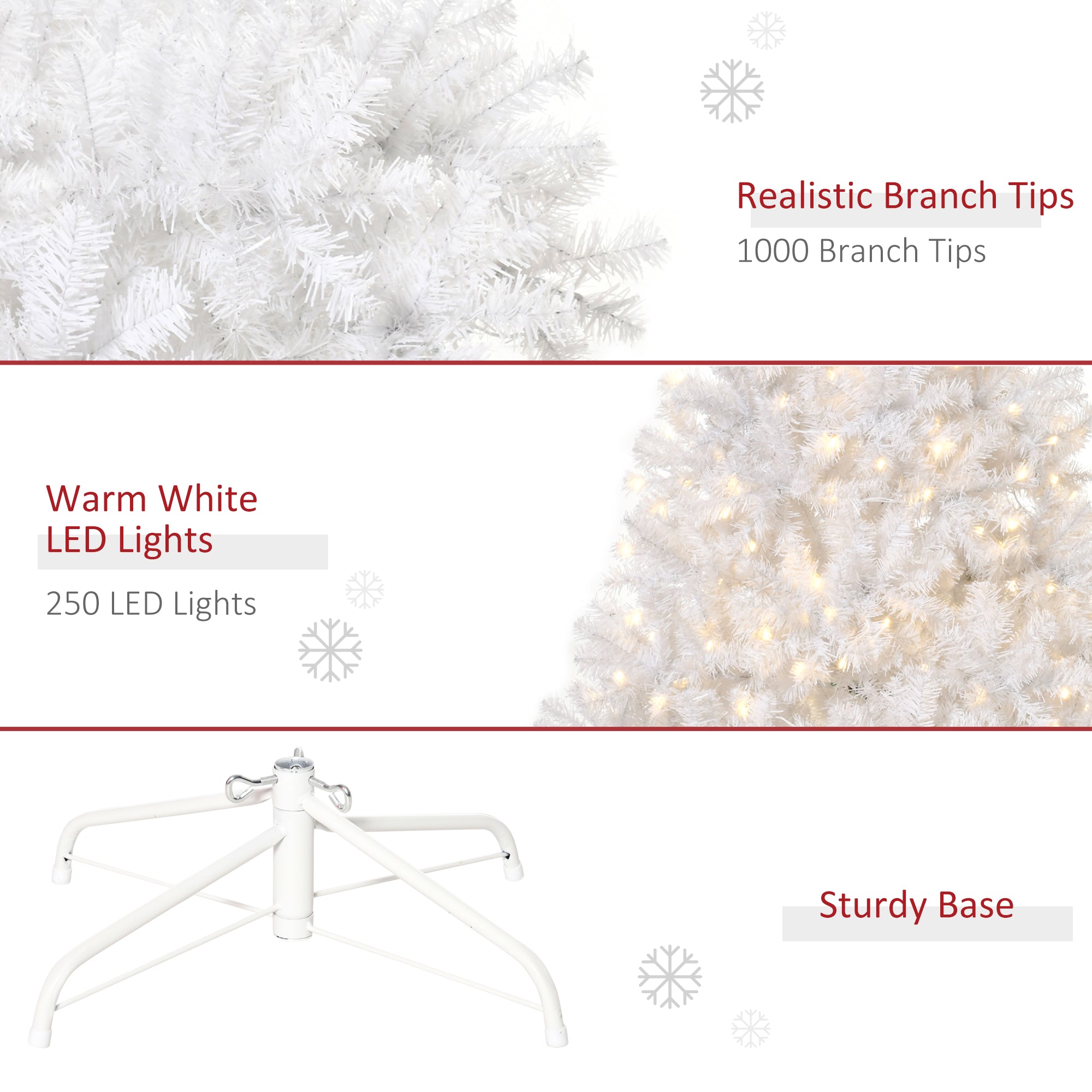Árbol de Navidad Artificial de Abeto Douglas de 6 Pies de Altura Preiluminado de HOMCOM con Ramas Realistas, 250 Luces LED Blancas Cálidas y 1000 Puntas, Blanco