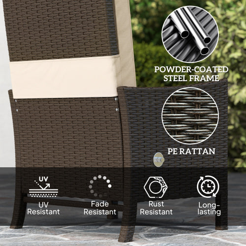 Outsunny 5-teiliges Rattan-Gartenmöbel-Set, Flechtpatio-Sofaset mit 2 Sesseln, 2 Fußschemeln, Couchtisch mit Glasplatte und Regal, Außenmöbel mit verstellbaren Rückenlehnen, Kissen, Khaki