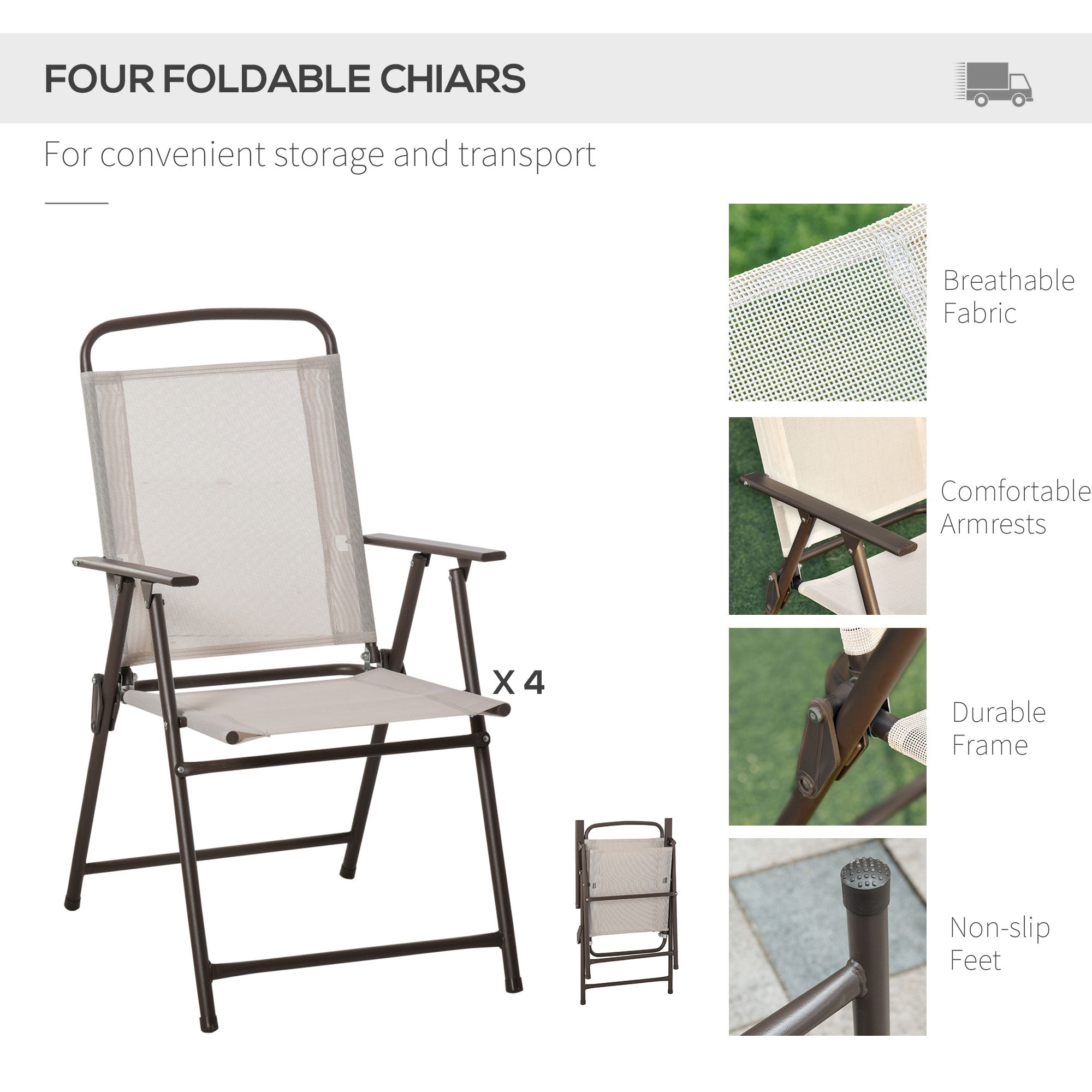 Juego de Comedor para Terraza de 6 Piezas con Sombrilla, Sillas Plegables y Mesa de Cristal, Beige - Configuración para Comidas al Aire Libre