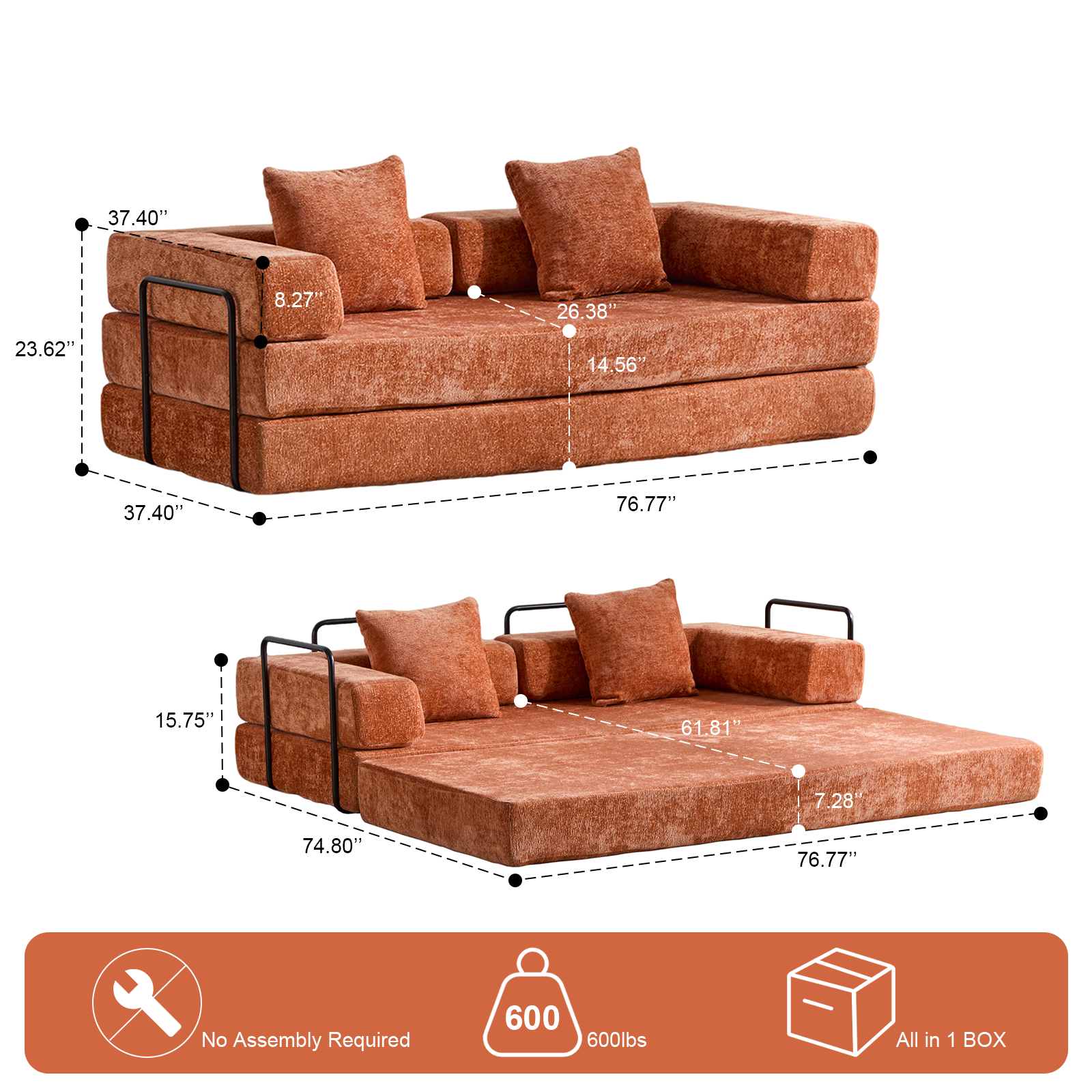 Sofá de Suelo, Sofá de Compresión, Sofá Cama Convertible de Suelo - con Soporte para la Espalda de Almohada y Reposabrazos, Sofá Futón Cómodo para Reposar Cama para Dormir, Tejido de Chenilla, para Sala de Estar y Dormitorio Naranja