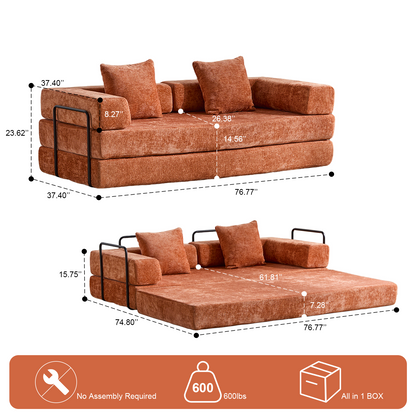 Floor Couch,Compression Sofa,Convertible Floor Sofa Bed-with Pillow Back Support Armrest,Comfy Futon Couch Lounge Sleeper Bed,chenille Fabric,for Living Room Bedroom Orange