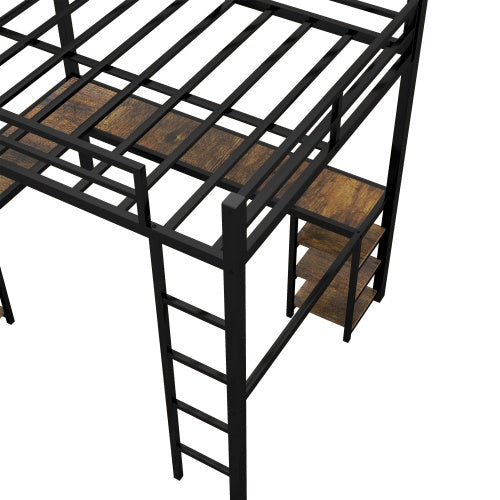 Cama Alta de Metal XL Completa con Escritorio y Estanterías, Cama Alta con Escalera y Barandales, Marco de Cama Alta para Dormitorio, Negro