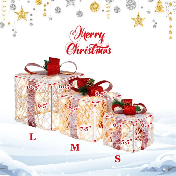 3-Piece Flocked Christmas Gift Boxes - 60 Warm-White LEDs, Timer Function, White+Red Festive Decor