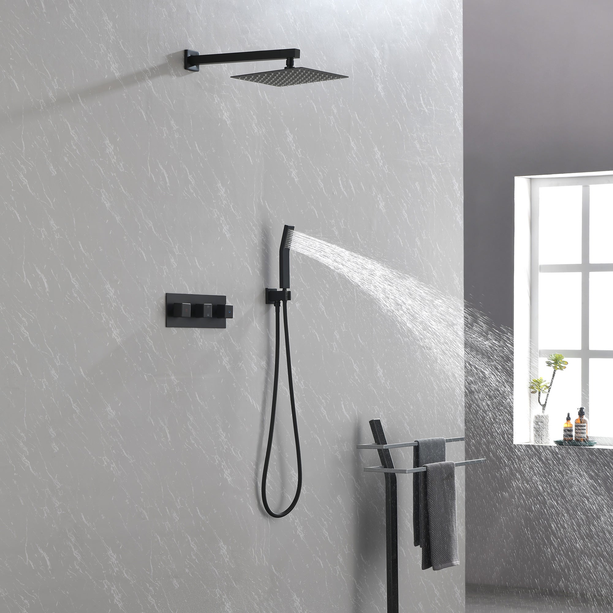 Messing Dusche Armatur in Mattschwarz mit Duschsystem, 10-Zoll-Duschkopf und Handbrause Badezimmer-Kombination
