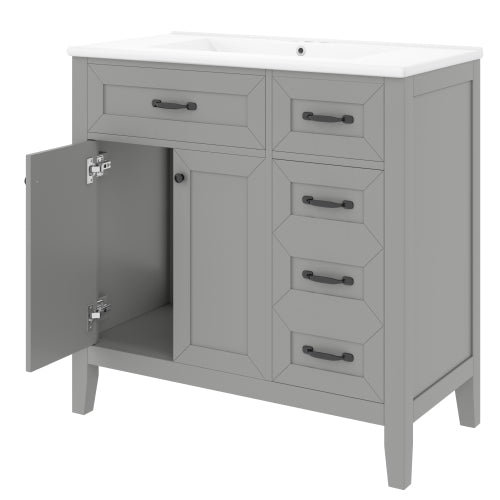 Lavabo de baño de 36 pulgadas con combinación de fregadero, gabinete de baño gris con cajones, marco sólido y tablero de MDF