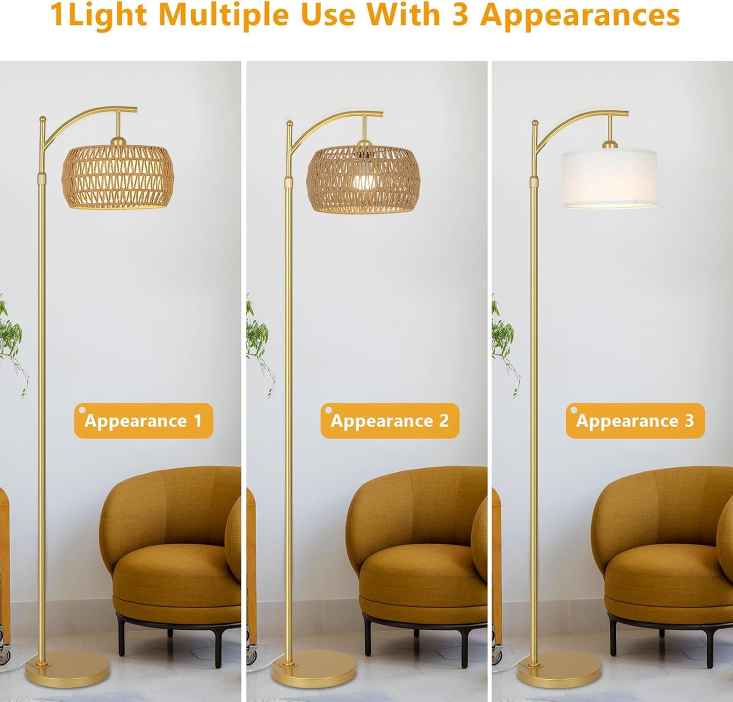 Floor Lamp With 3 Color Temperatures, LED Gold Floor Lamp With Remote & Stepless Dimmable Bulb,