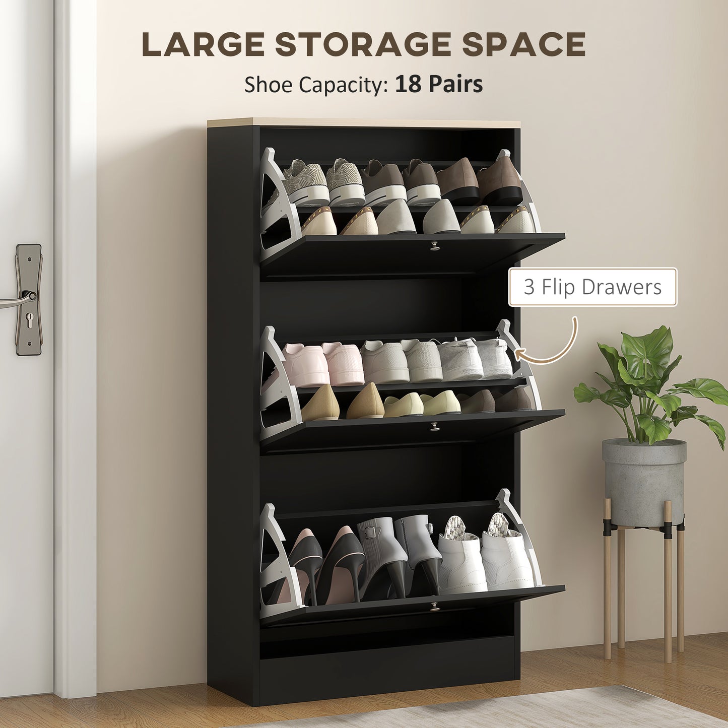 Modern Shoe Storage Cabinet with 3 Flip Drawers and Adjustable Shelves for 12-18 Pairs of Shoes