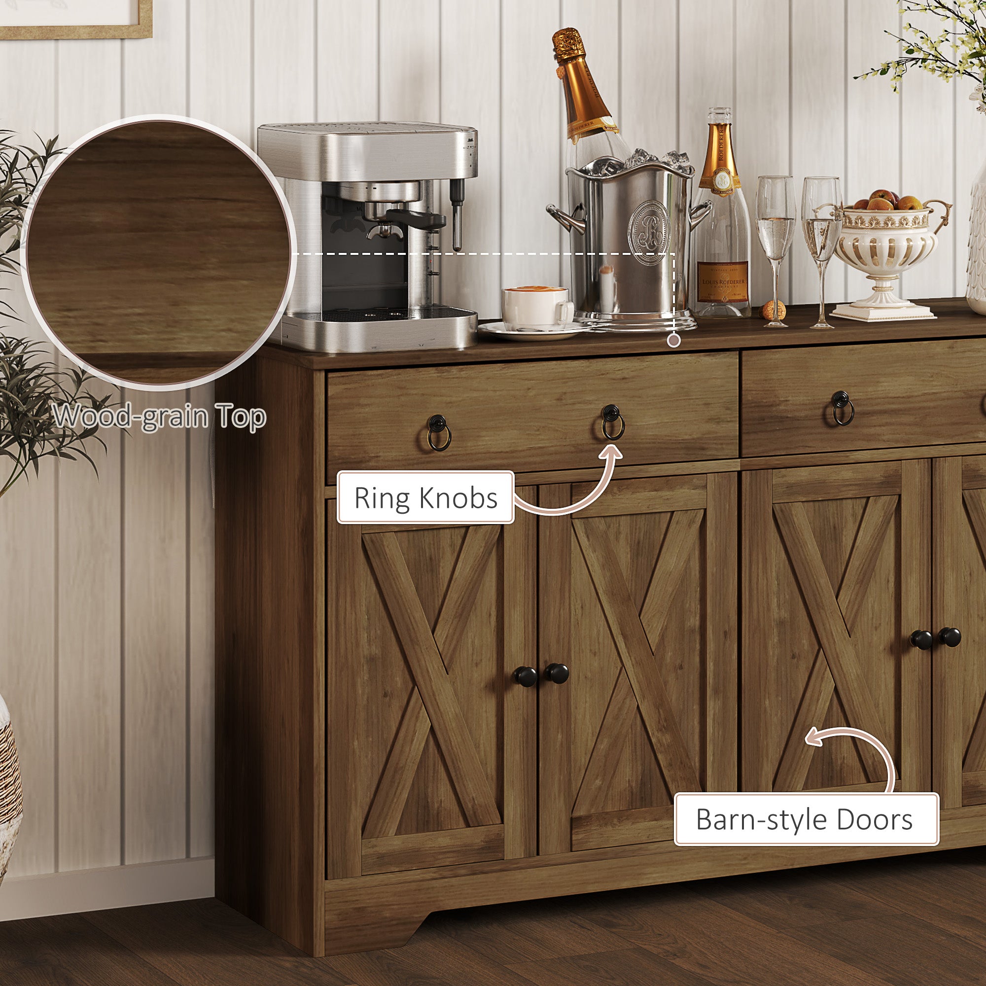 Aparador de Almacenamiento para Cocina, Buffet Estilo Granja con Puertas de Estilo Granero, Cajones, Estantes Ajustables, Marrón Claro