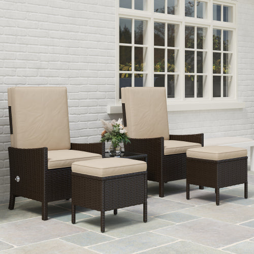 Outsunny 5-teiliges Rattan-Gartenmöbel-Set, Flechtpatio-Sofaset mit 2 Sesseln, 2 Fußschemeln, Couchtisch mit Glasplatte und Regal, Außenmöbel mit verstellbaren Rückenlehnen, Kissen, Khaki