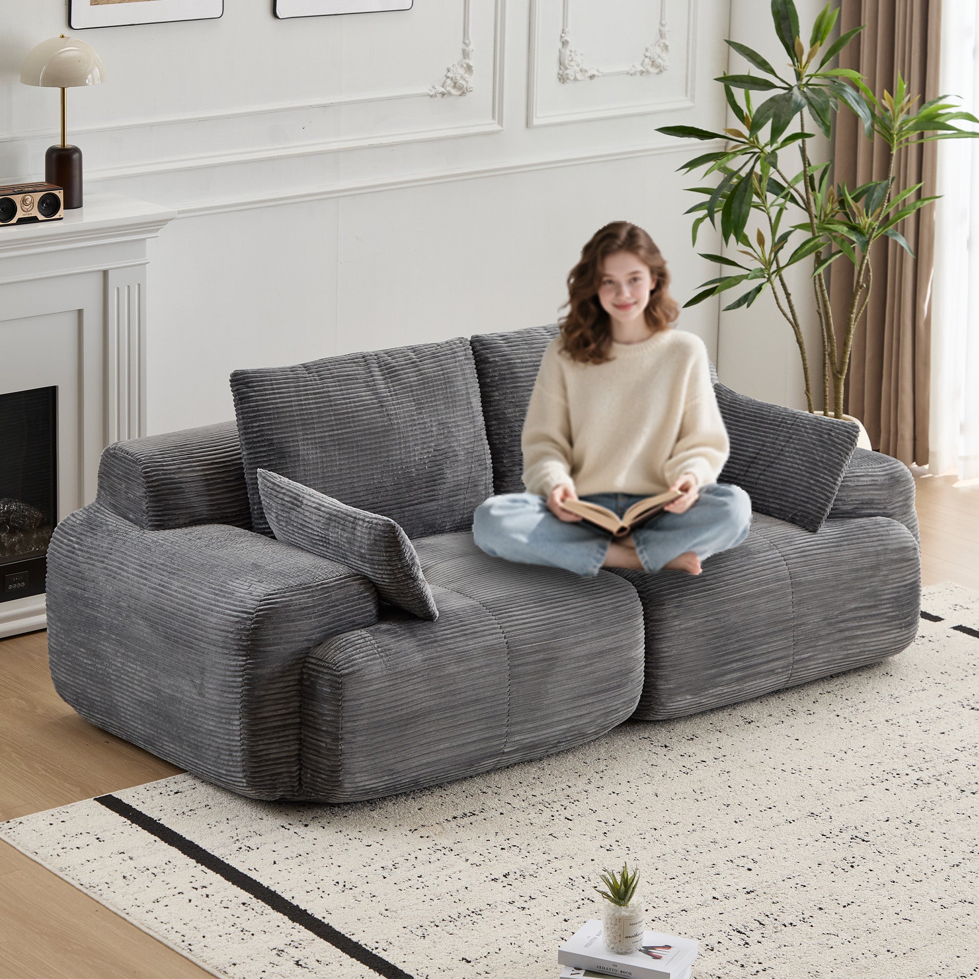 Sofá Comprimido de Espuma de Memoria Moderna, Sofá Seccional Grande de 2 Plazas para Sala de Estar, Sofá Seccional Modular Nube Amigable con Mascotas, Tela de Pana, Loveseat Extra Profundo, Sin Ensamblaje Requerido, Gris
