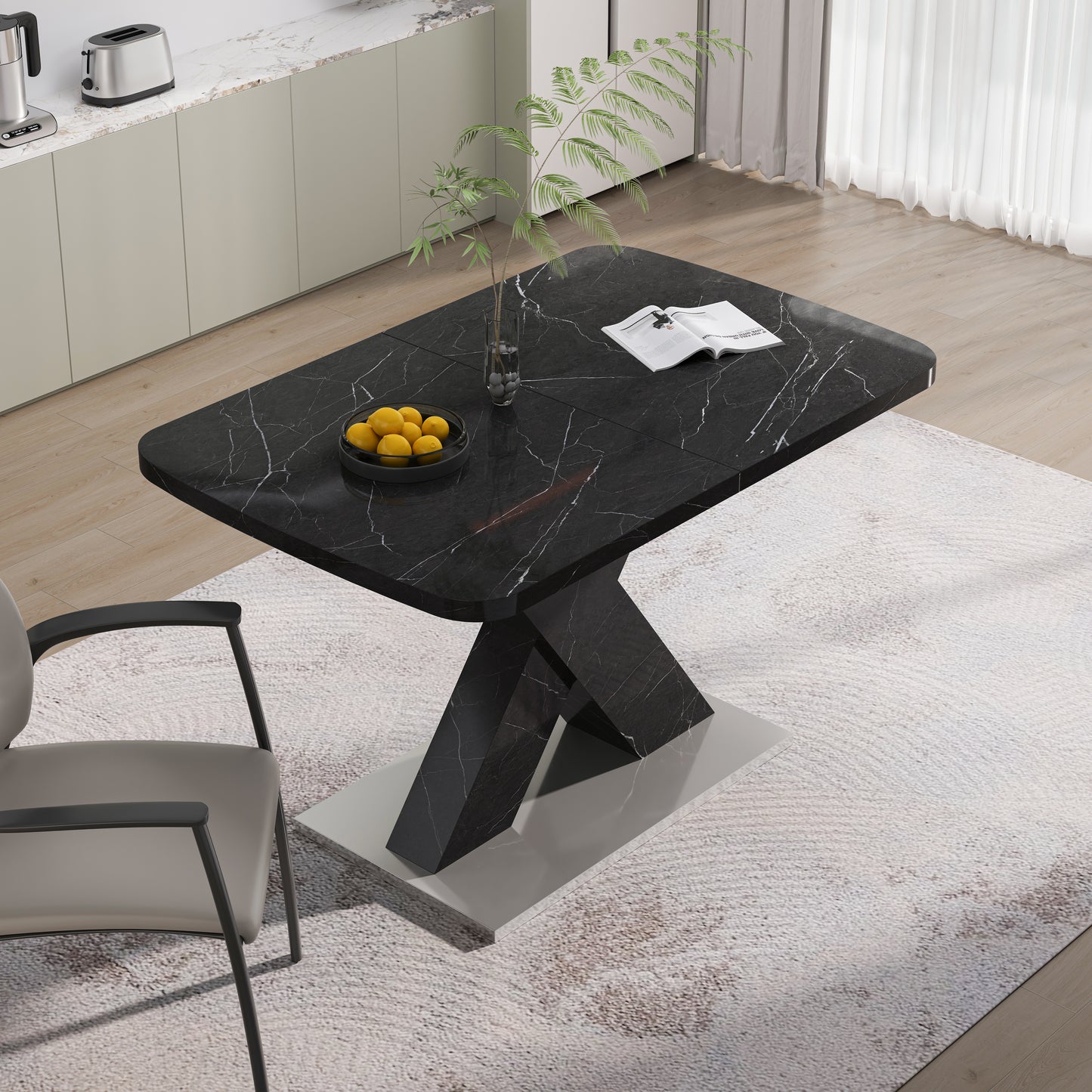 Modern Rectangle Dining Table Stretchable,Printed Black Marble Table Top MDF X-Shape Table Leg With Metal Base